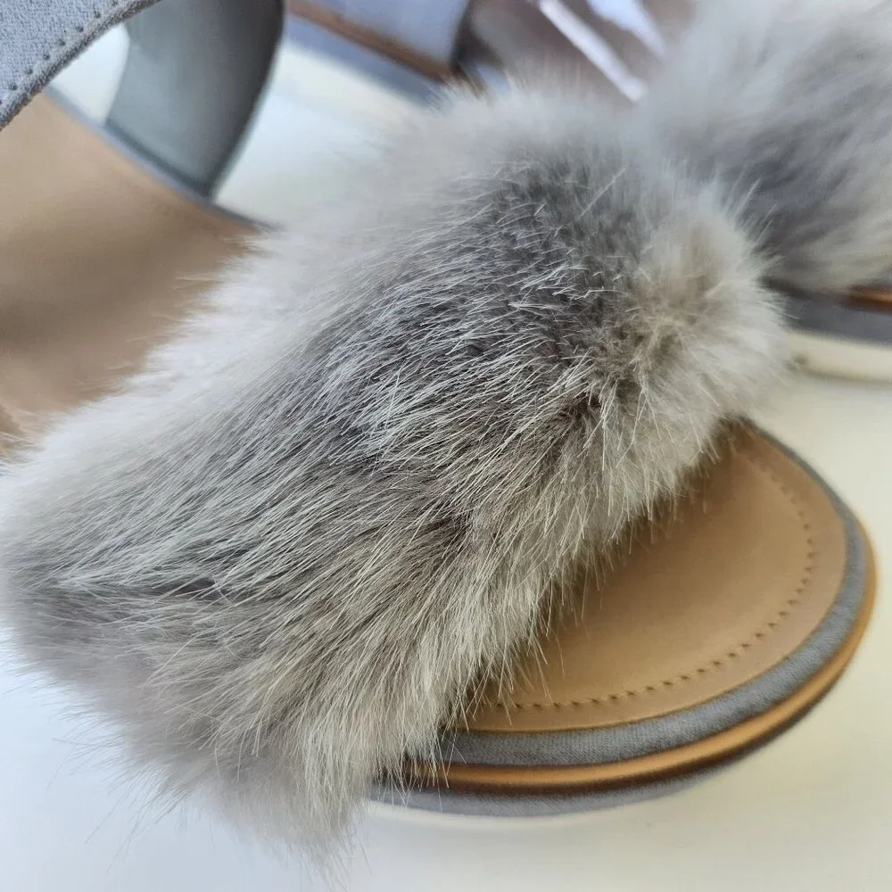 Aldo Gray Faux Fur Platform Sandals Suede Summer Casual Party Glam Pretty Cute - Picture 3 of 10
